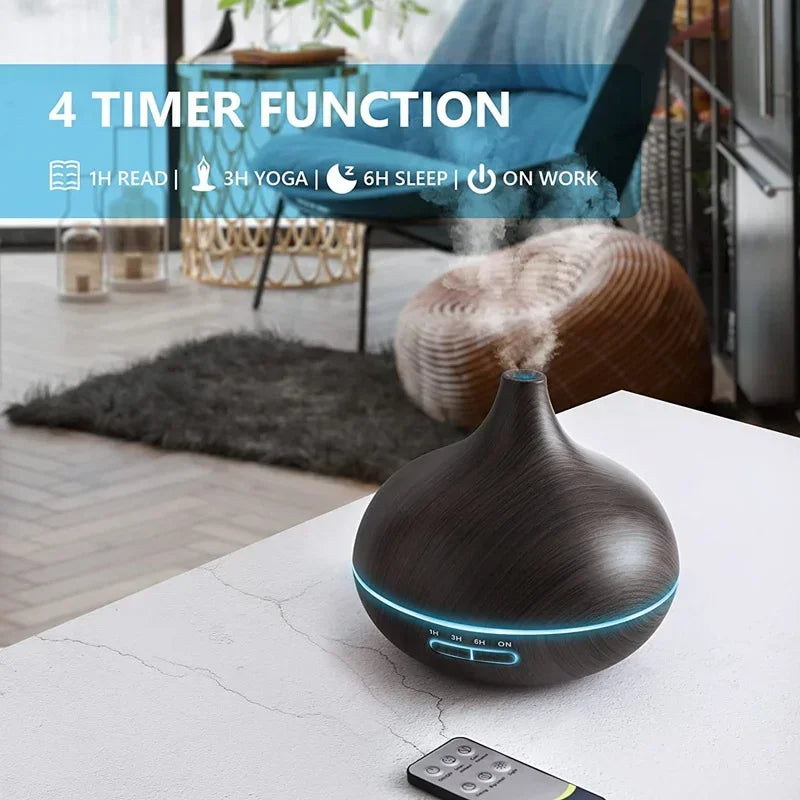 550ml Wood Aroma Diffuser – LED Lights, Remote & USB Humidifier