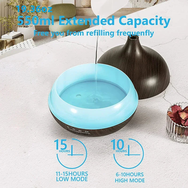 550ml Wood Aroma Diffuser – LED Lights, Remote & USB Humidifier