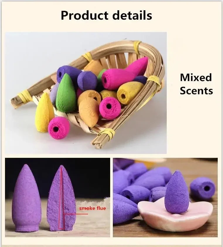 100pcs Natural Backflow Incense Cones – Rose, Jasmine, Lavender, Osmanthus & Sakura Scents